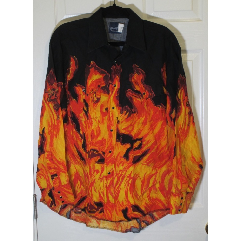 Wrangler AOP Flames All Over Print Vintage Men's Western L/S Pearl Snap Shirt L